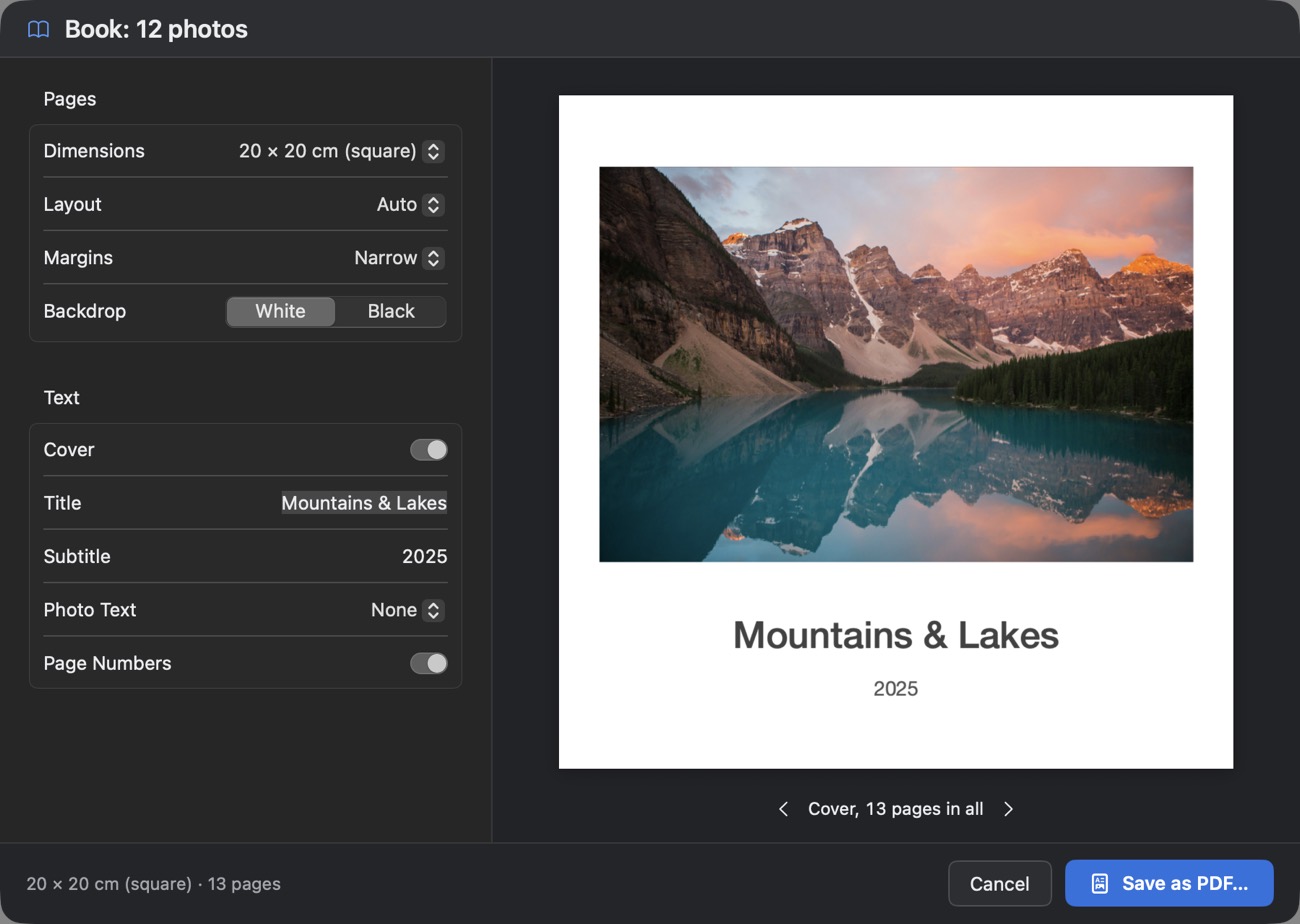The photo book dialog: a cover of a lake and mountains titled Mountains & Lakes