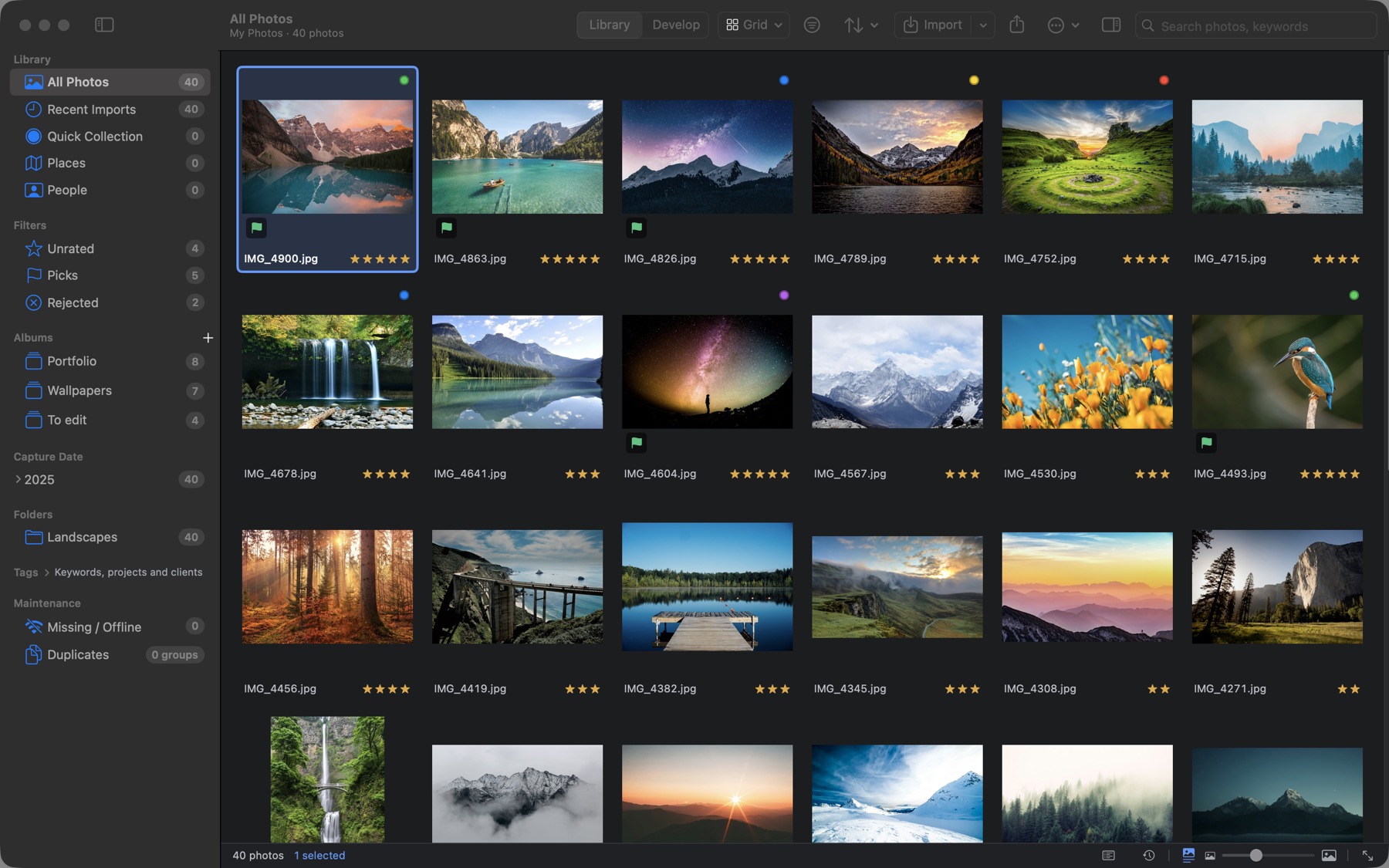 The PhotoCatalog library: a grid of landscape photos with ratings, flags and color labels, albums and folders in the sidebar