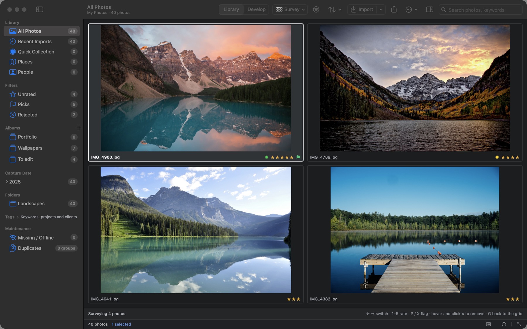 Survey view: four mountain-lake photos side by side